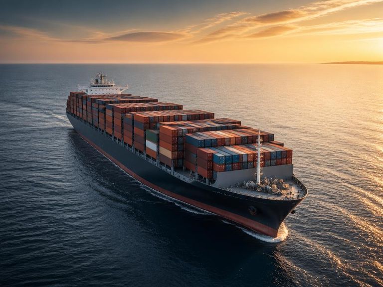 Container ship crossing open ocean at sunrise