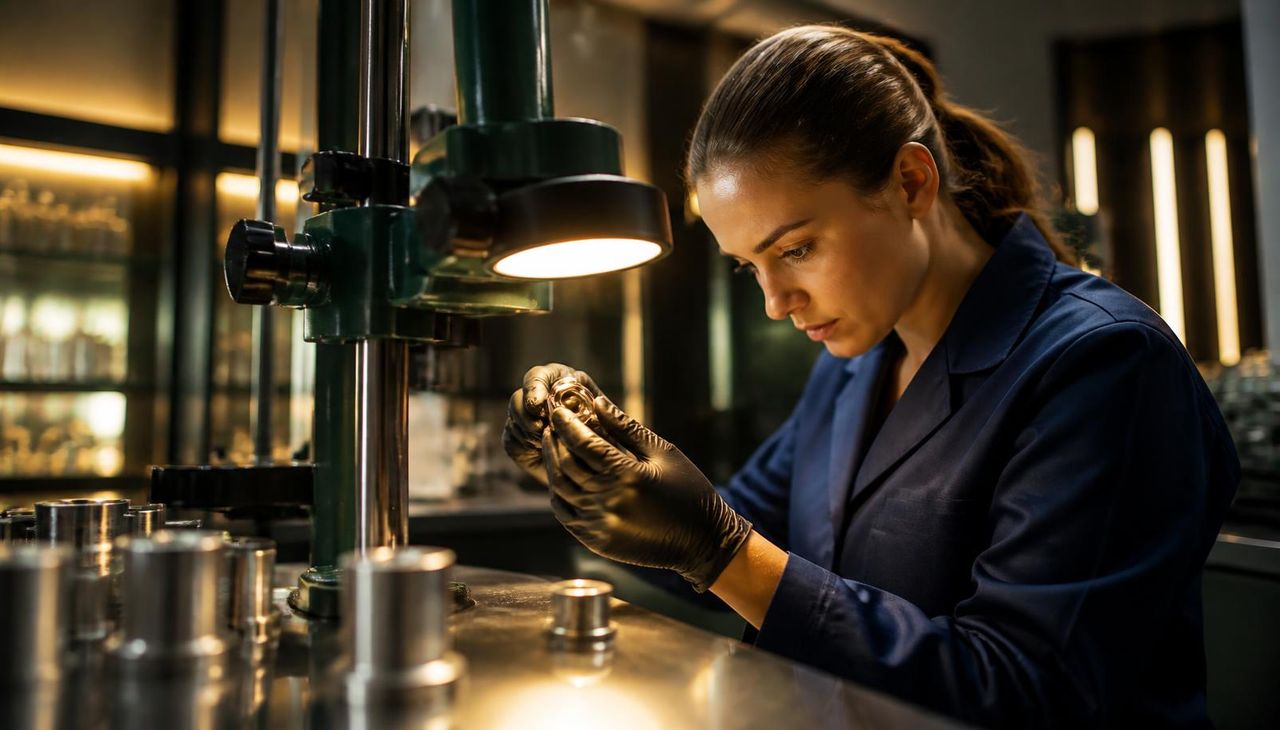 Quality control technician inspecting a product sample in a laboratory